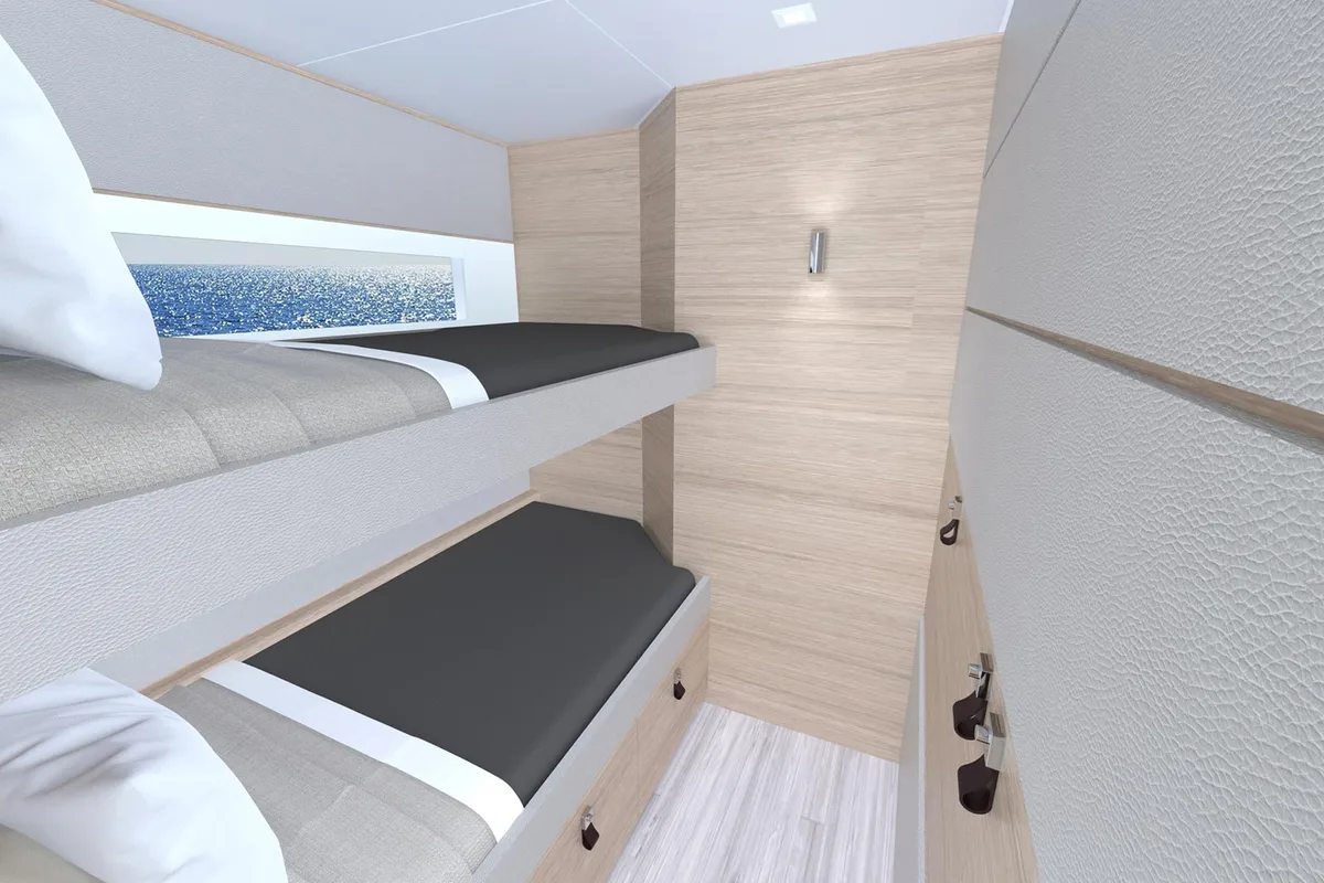 Cabin on Le Villi, a Aventura Catamarans Aventura 45 catamaran at Sant Antoni de Portmany, Spain