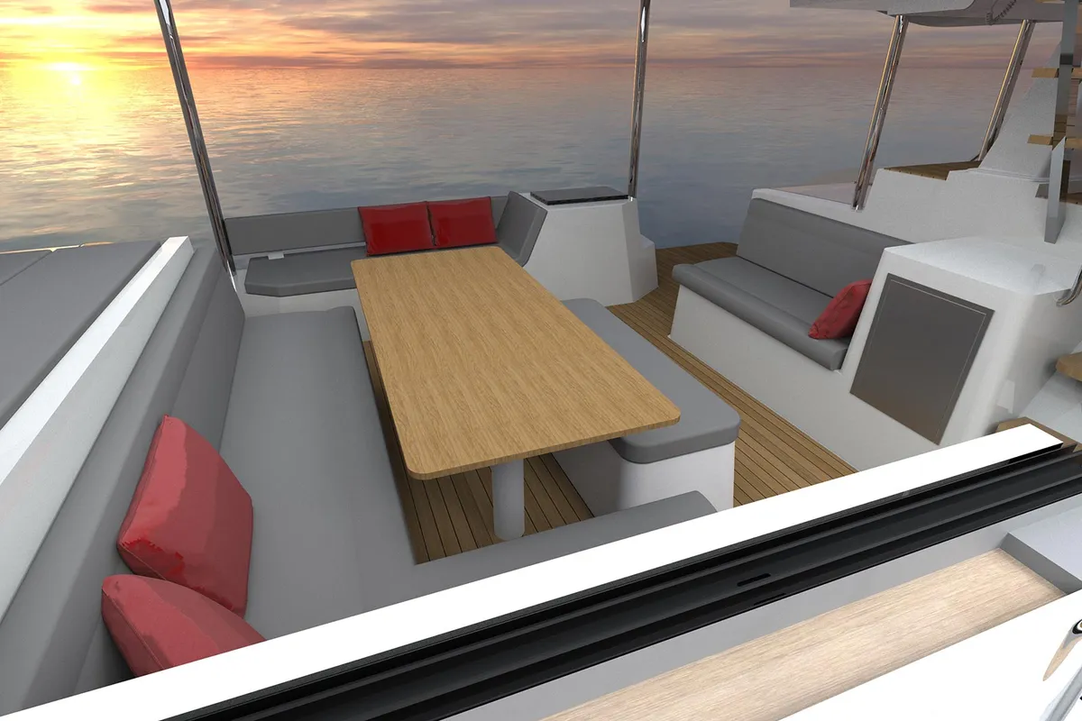 Deck of Le Villi, a Aventura Catamarans Aventura 45 catamaran at Sant Antoni de Portmany, Spain