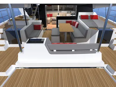 Deck of Le Villi, a Aventura Catamarans Aventura 45 catamaran at Sant Antoni de Portmany, Spain