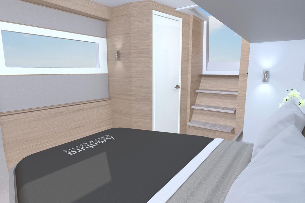 Cabin on Le Villi, a Aventura Catamarans Aventura 45 catamaran at Sant Antoni de Portmany, Spain