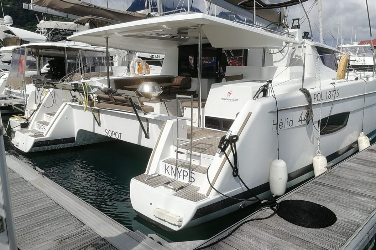 Exterior view of Knyps, a Fountaine Pajot Helia 44 - 4 + 2 cab. catamaran at Azam Marina, Tanzania