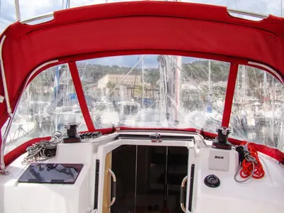 Cockpit of Mobula Zero, a Beneteau Oceanis 30.1 sailboat at Split, Croatia