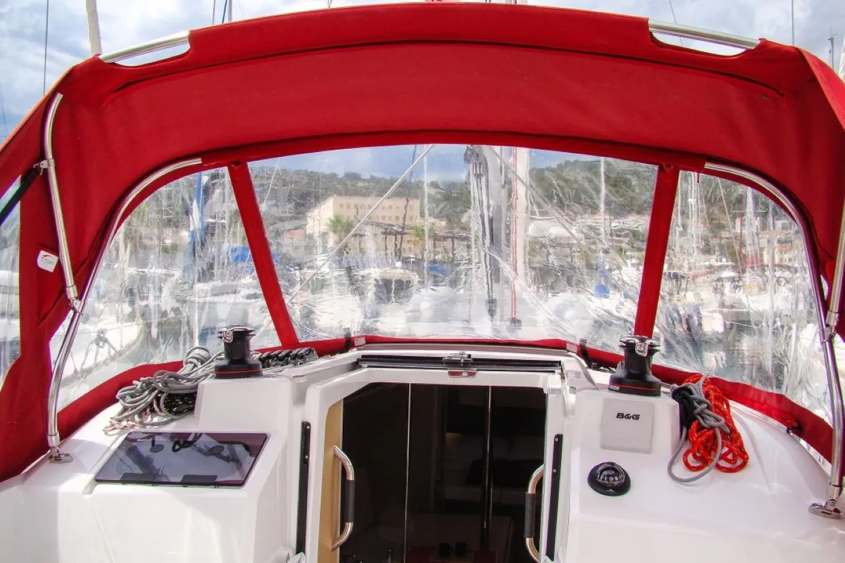 Cockpit of Mobula Zero, a Beneteau Oceanis 30.1 sailboat at Split, Croatia