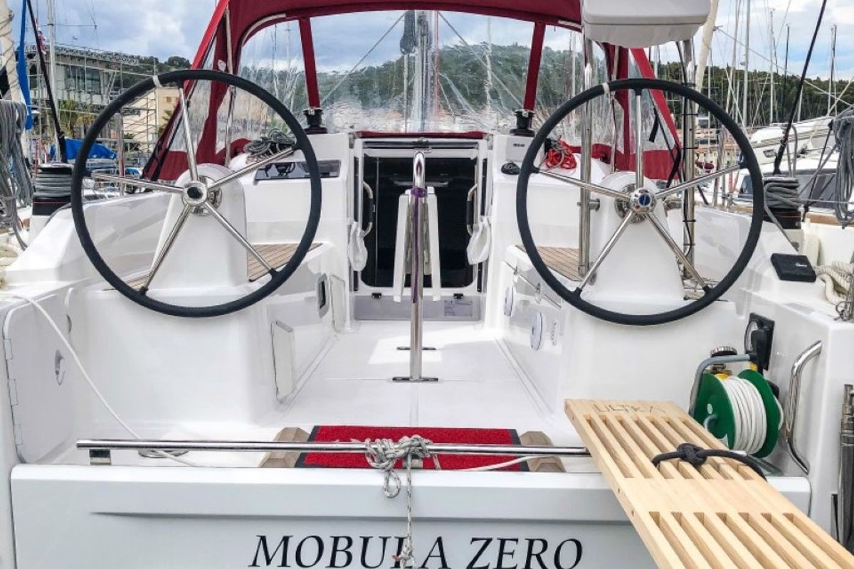 Cockpit of Mobula Zero, a Beneteau Oceanis 30.1 sailboat at Split, Croatia