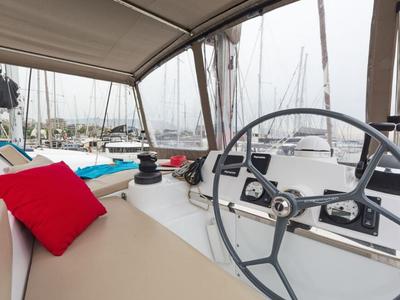 Cockpit of Golden Waters, a Bali 4.1 catamaran at Port of Avdira, Greece