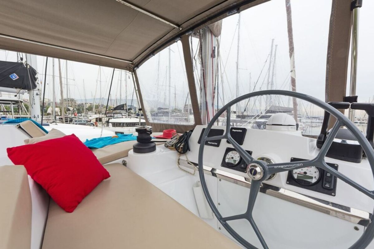 Cockpit of Golden Waters, a Bali 4.1 catamaran at Port of Avdira, Greece