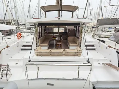 Deck of Golden Waters, a Bali 4.1 catamaran at Port of Avdira, Greece
