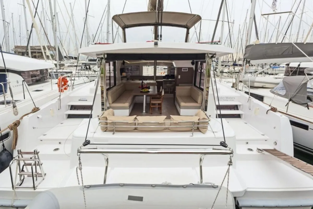 Deck of Golden Waters, a Bali 4.1 catamaran at Port of Avdira, Greece
