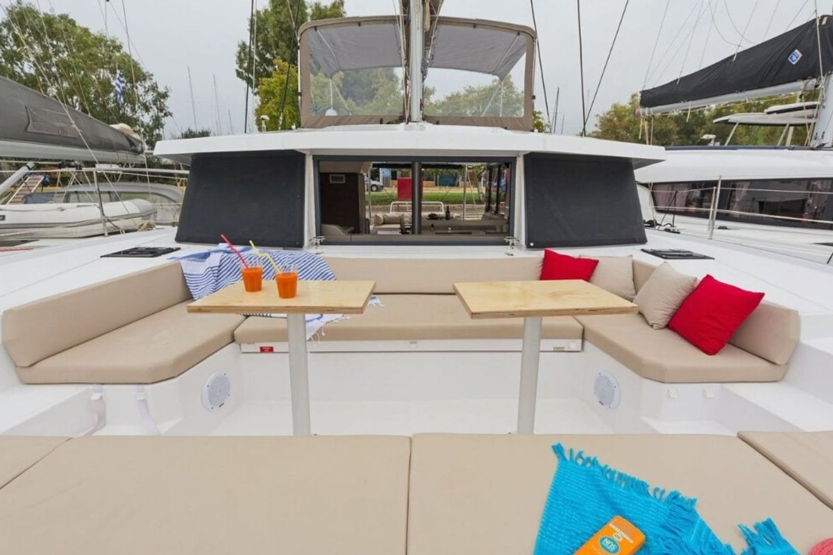 Deck of Golden Waters, a Bali 4.1 catamaran at Port of Avdira, Greece