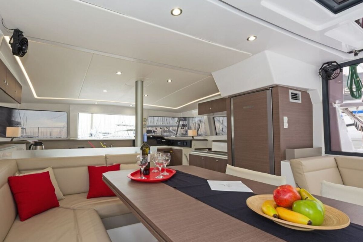 Salon of Golden Waters, a Bali 4.1 catamaran at Port of Avdira, Greece