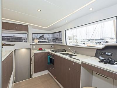 Galley of Golden Waters, a Bali 4.1 catamaran at Port of Avdira, Greece