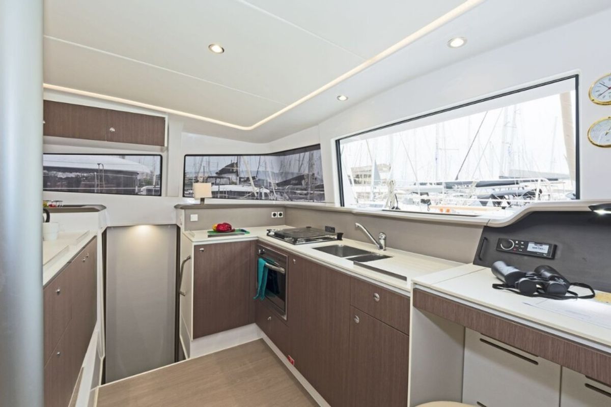 Galley of Golden Waters, a Bali 4.1 catamaran at Port of Avdira, Greece