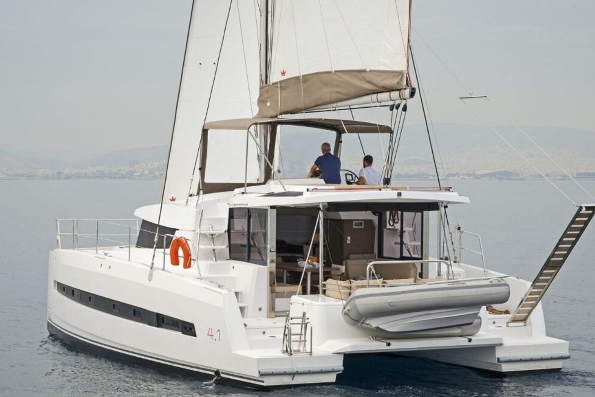 Exterior view of Golden Waters, a Bali 4.1 catamaran at Port of Avdira, Greece
