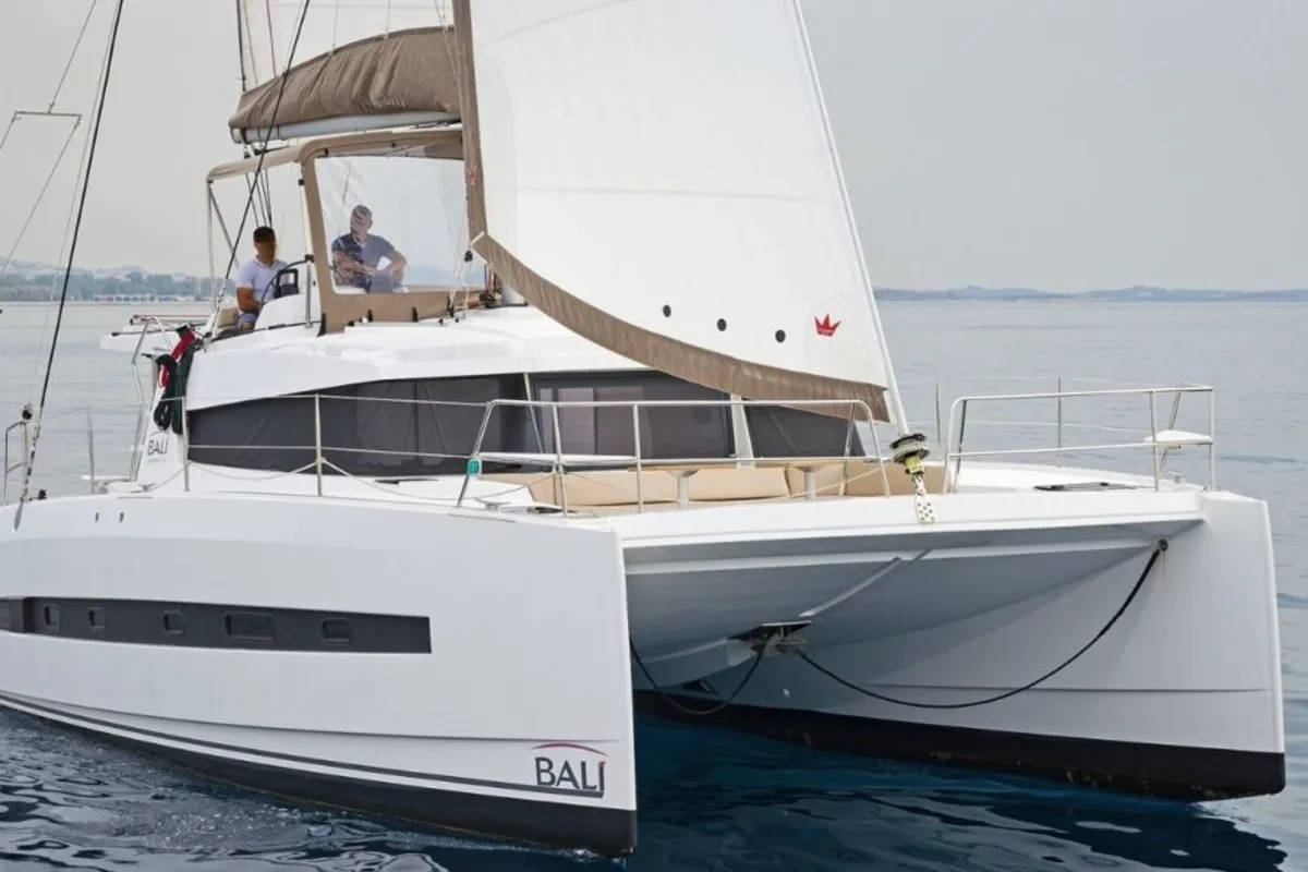 Exterior view of Golden Waters, a Bali 4.1 catamaran at Port of Avdira, Greece