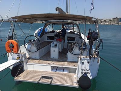 Cockpit of Evnia, a Jeanneau Sun Odyssey 410 sailboat at Volos Municipality, Greece