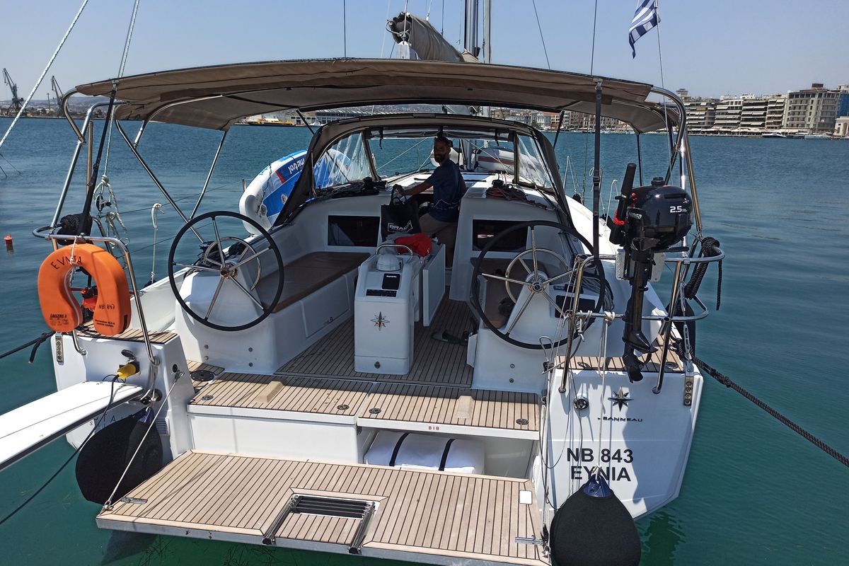 Cockpit of Evnia, a Jeanneau Sun Odyssey 410 sailboat at Volos Municipality, Greece