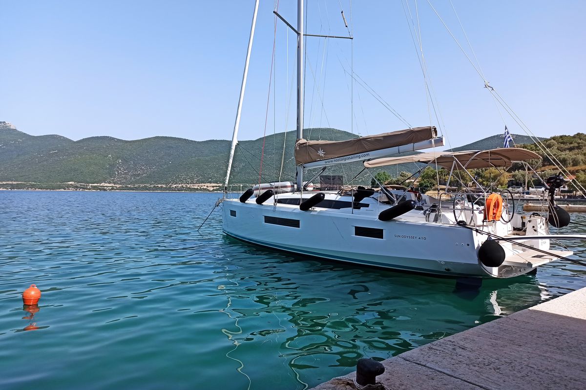 Exterior view of Evnia, a Jeanneau Sun Odyssey 410 sailboat at Volos Municipality, Greece