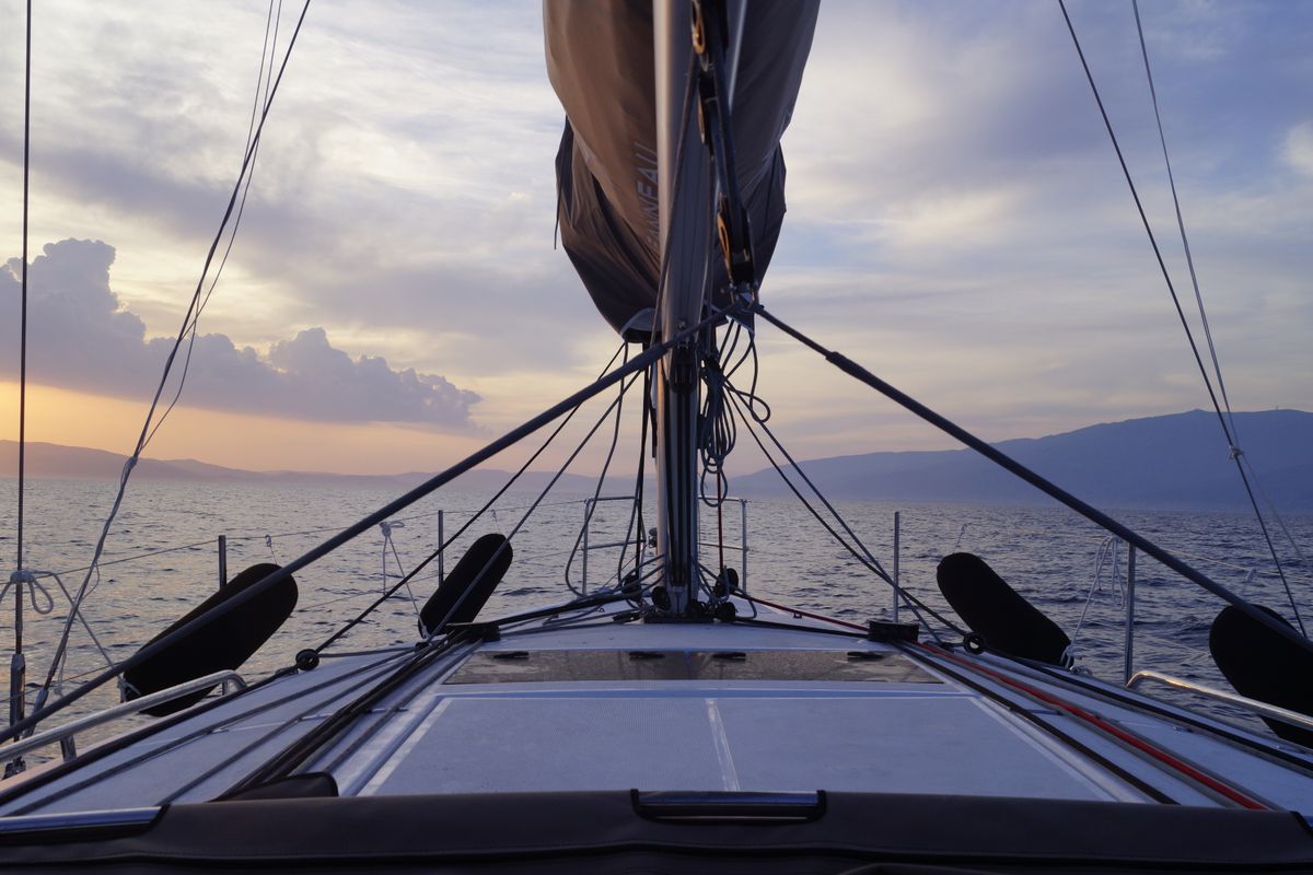 Deck of Evnia, a Jeanneau Sun Odyssey 410 sailboat at Volos Municipality, Greece