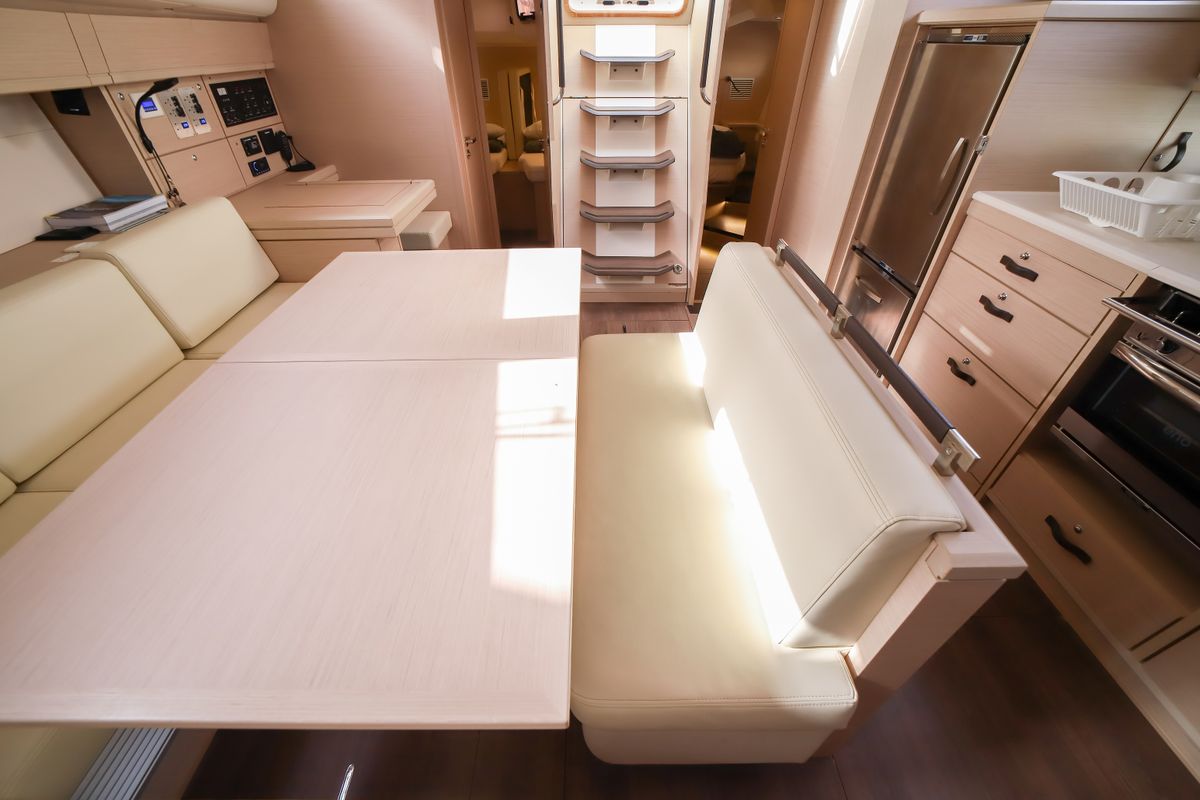 Salon of Eleutheria, a Jeanneau 54 sailboat at Olbia, Italy
