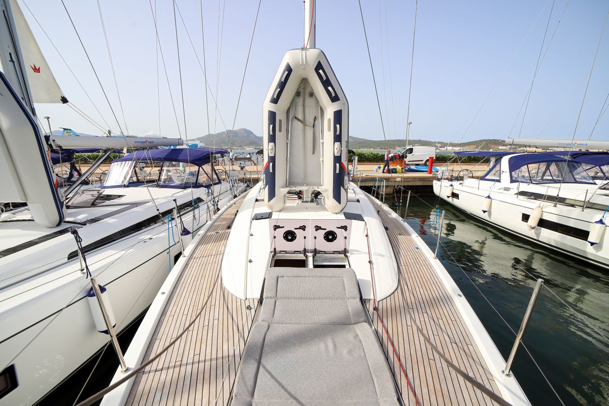 Deck of Eleutheria, a Jeanneau 54 sailboat at Olbia, Italy
