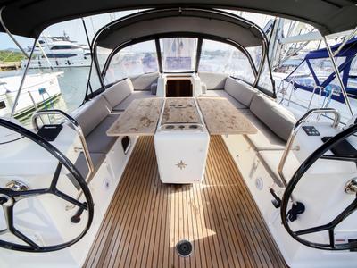 Cockpit of Eleutheria, a Jeanneau 54 sailboat at Olbia, Italy