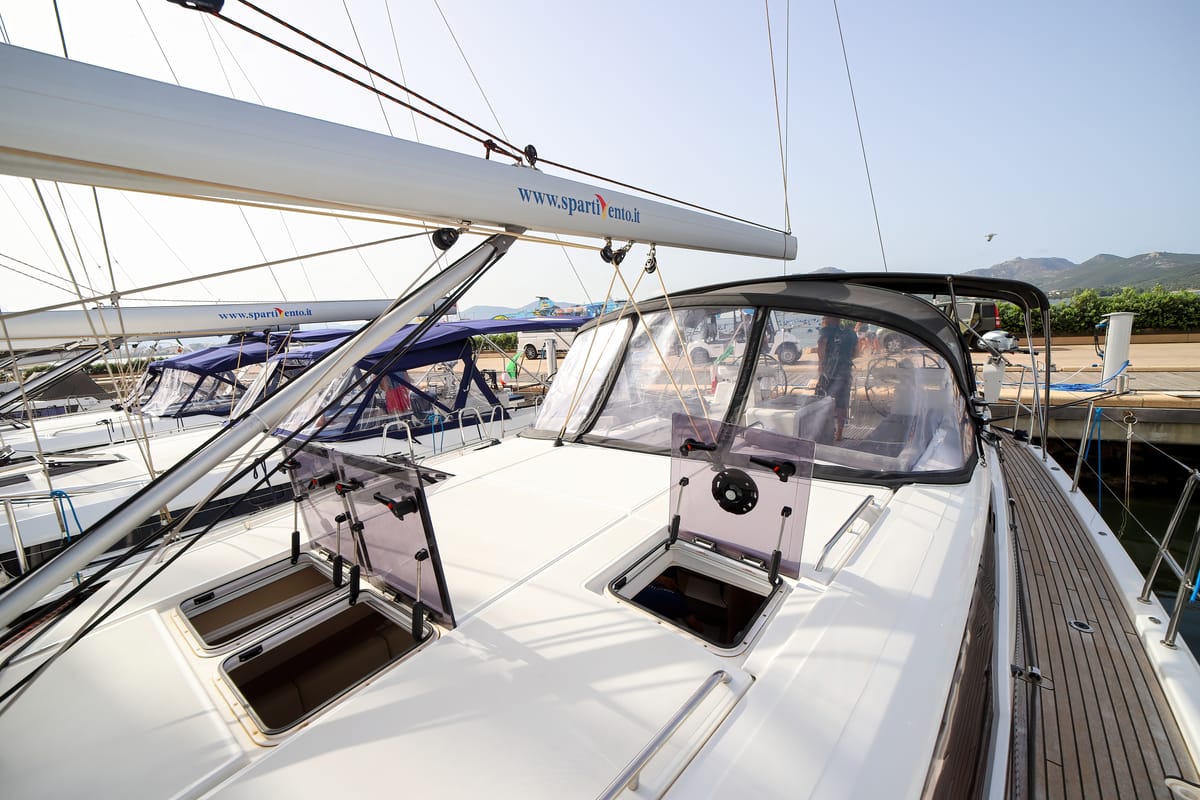 Deck of Eleutheria, a Jeanneau 54 sailboat at Olbia, Italy