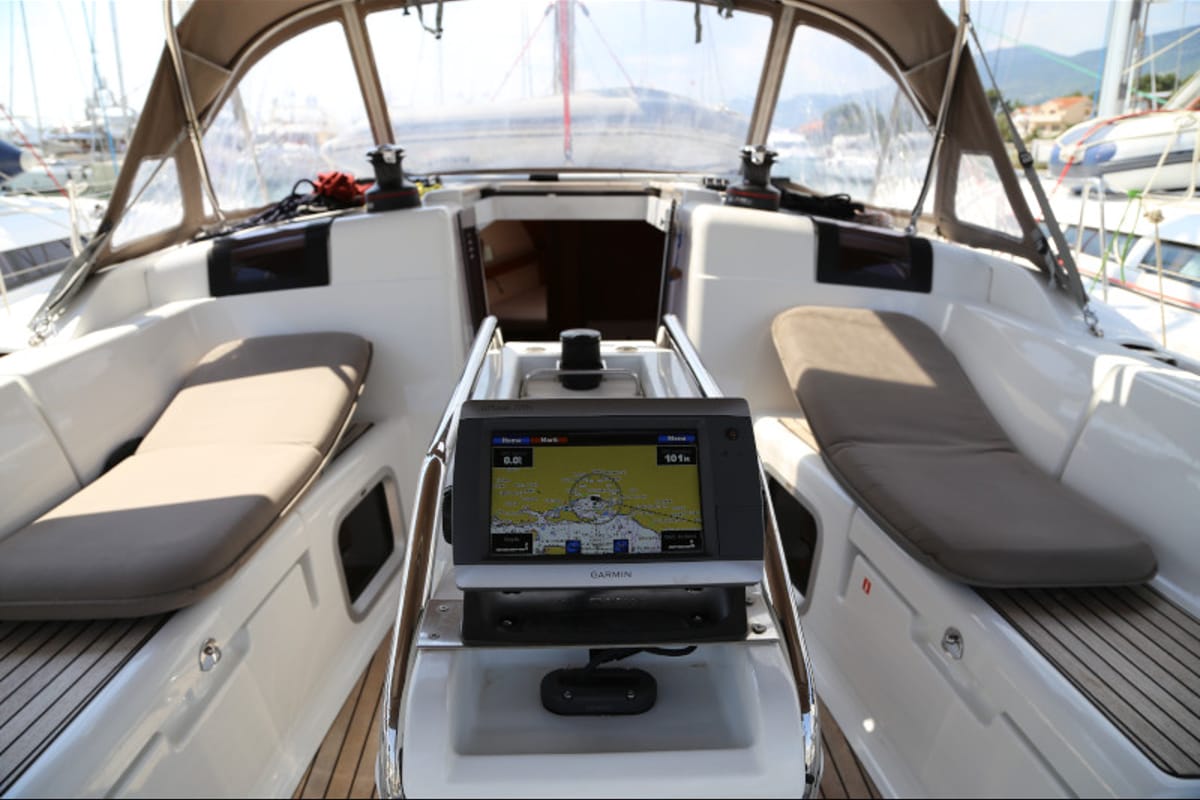 Cockpit of Sicc, a Jeanneau Sun Odyssey 419 sailboat at Grad Kaštela, Croatia