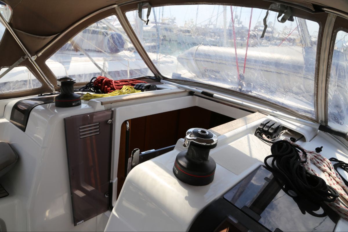 Cockpit of Sicc, a Jeanneau Sun Odyssey 419 sailboat at Grad Kaštela, Croatia