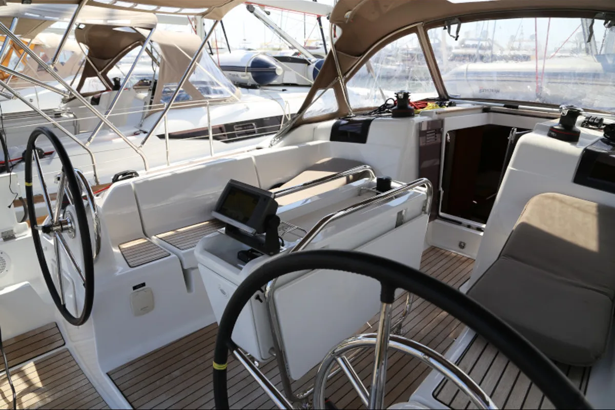 Cockpit of Sicc, a Jeanneau Sun Odyssey 419 sailboat at Grad Kaštela, Croatia