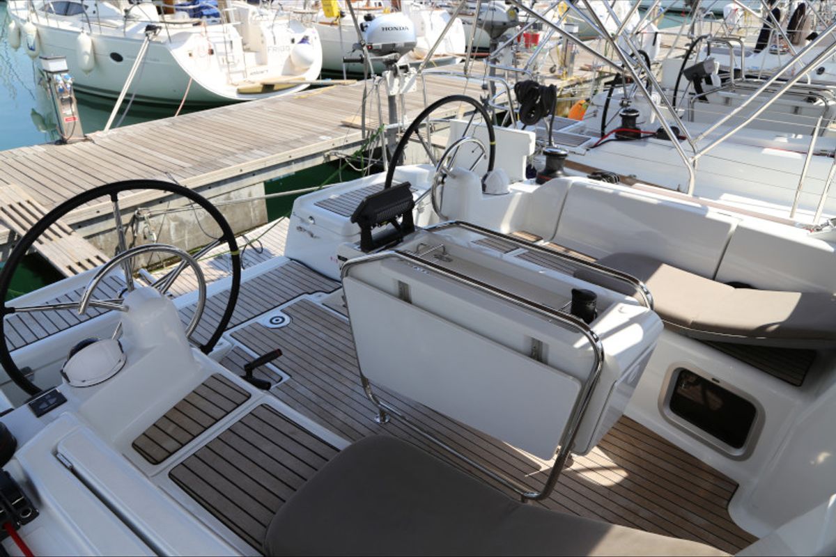 Cockpit of Sicc, a Jeanneau Sun Odyssey 419 sailboat at Grad Kaštela, Croatia