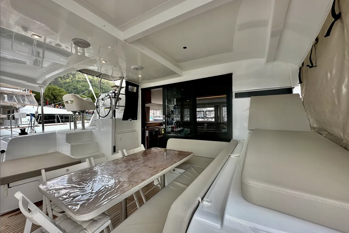 Deck of Sail Arcturus, a Lagoon 42 catamaran at Fethiye, Turkey