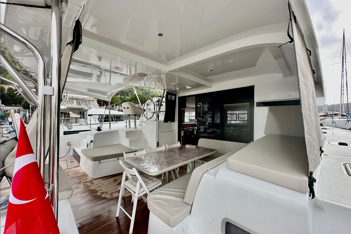 Deck of Sail Arcturus, a Lagoon 42 catamaran at Fethiye, Turkey