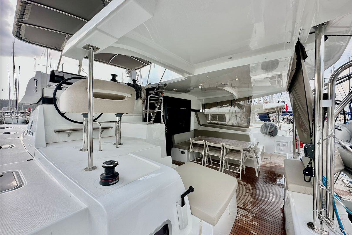 Deck of Sail Arcturus, a Lagoon 42 catamaran at Fethiye, Turkey