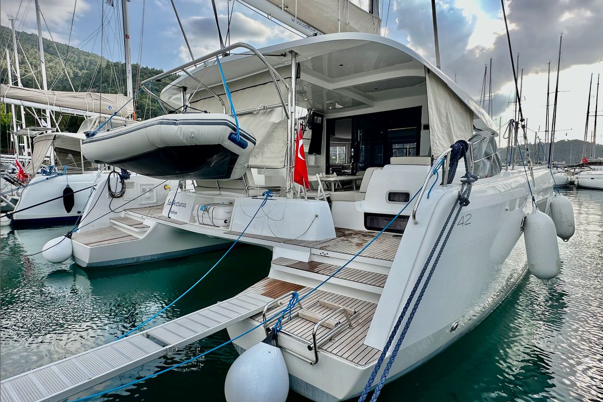 Exterior view of Sail Arcturus, a Lagoon 42 catamaran at Fethiye, Turkey