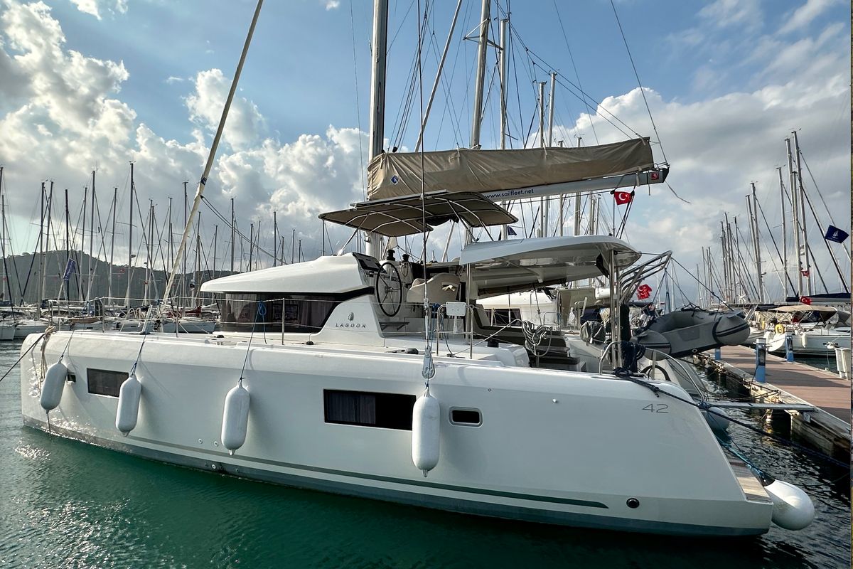 Exterior view of Sail Arcturus, a Lagoon 42 catamaran at Fethiye, Turkey