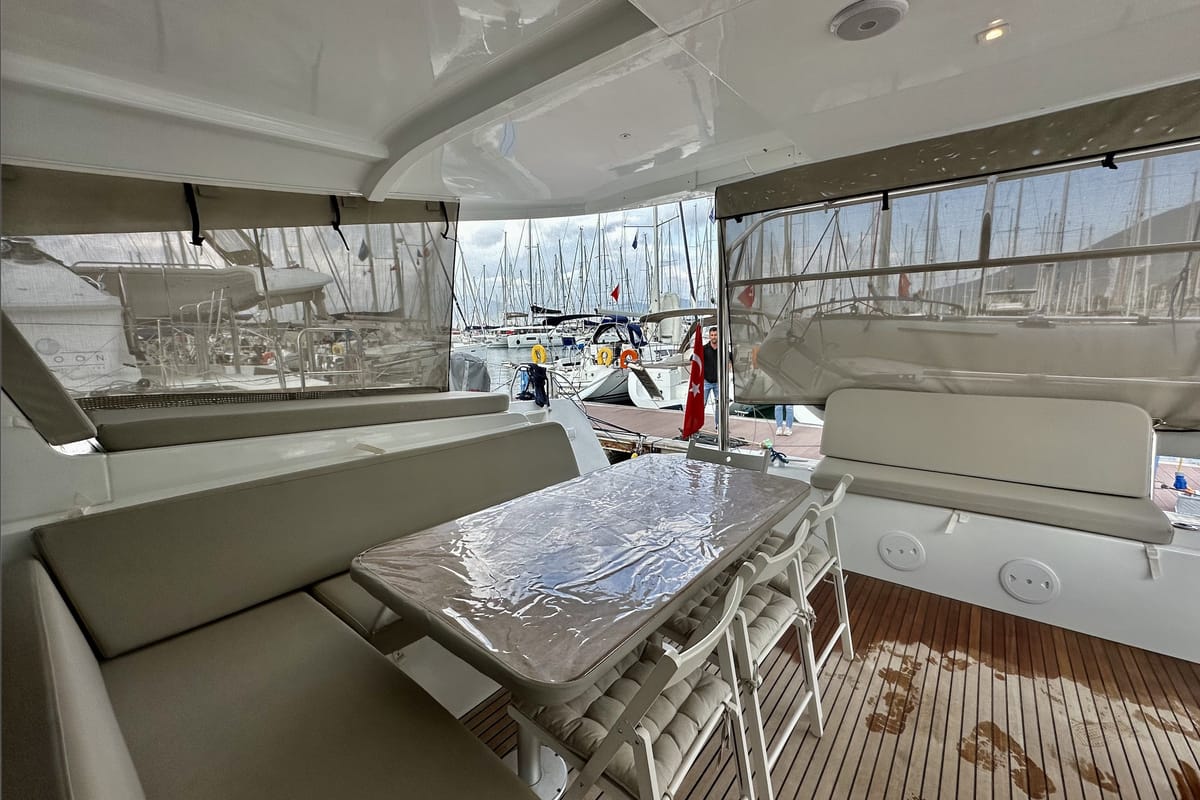 Deck of Sail Arcturus, a Lagoon 42 catamaran at Fethiye, Turkey