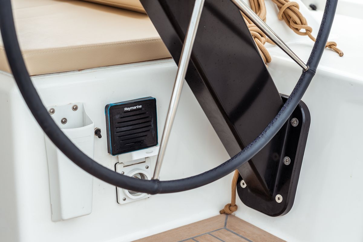 Cockpit of Rosa, a Dufour 390 Grand Large sailboat at Olbia, Italy