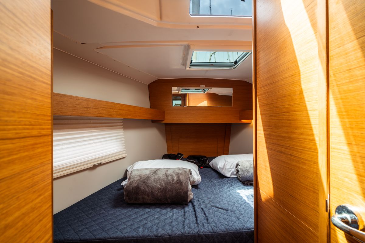 Cabin on Rosa, a Dufour 390 Grand Large sailboat at Olbia, Italy