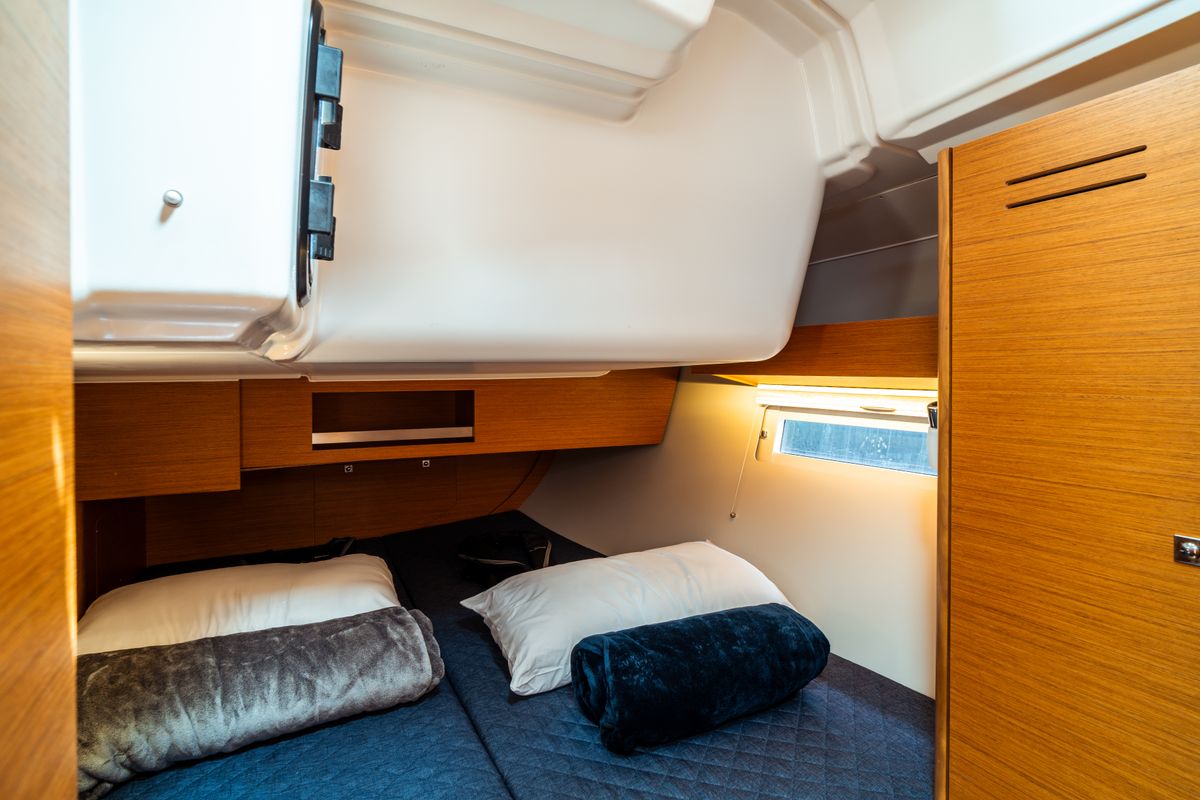 Cabin on Rosa, a Dufour 390 Grand Large sailboat at Olbia, Italy
