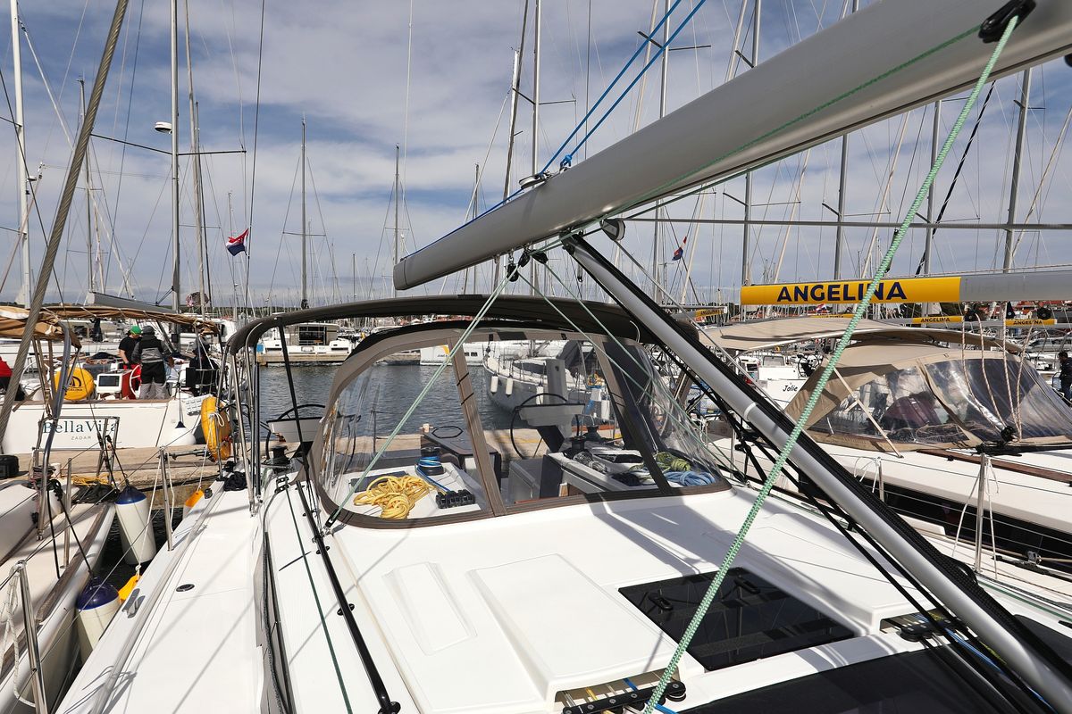 Deck of Wild Rose, a Dufour 41 sailboat at Primošten, Croatia