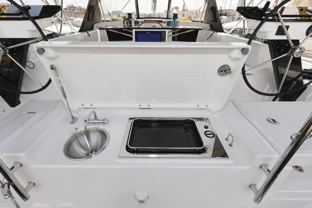 Deck of Wild Rose, a Dufour 41 sailboat at Primošten, Croatia