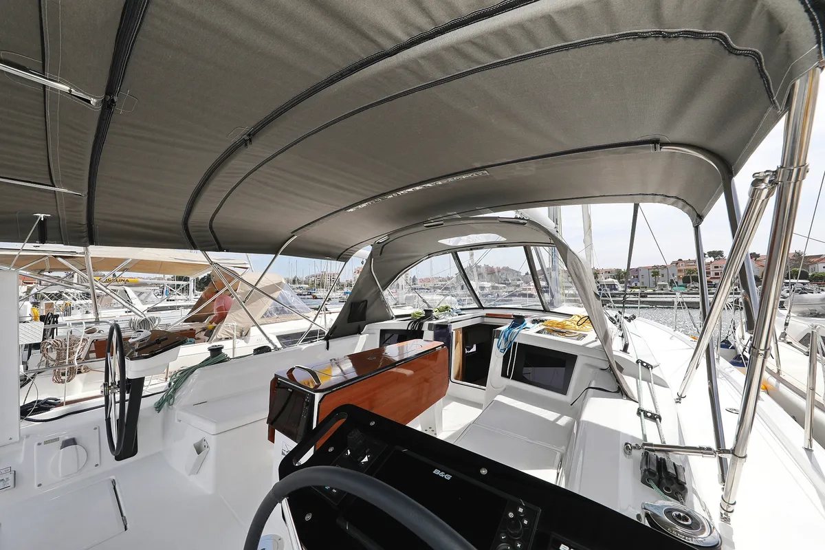 Cockpit of Wild Rose, a Dufour 41 sailboat at Primošten, Croatia