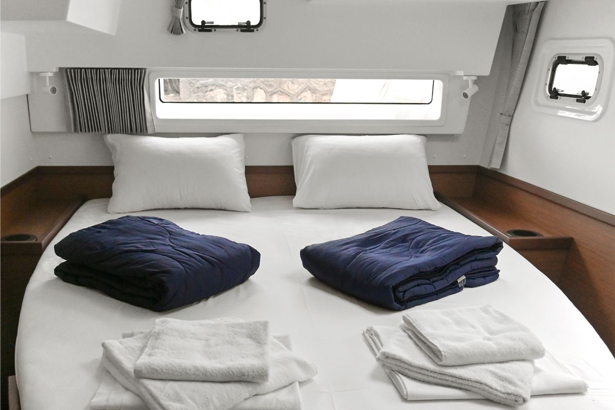 Cabin on Nami, a Lagoon 42 catamaran at Athens, Greece