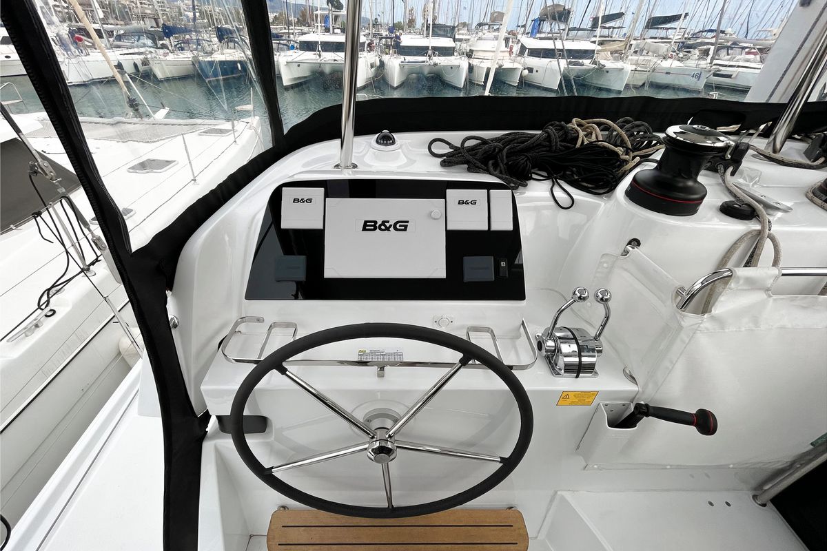 Cockpit of Nami, a Lagoon 42 catamaran at Athens, Greece