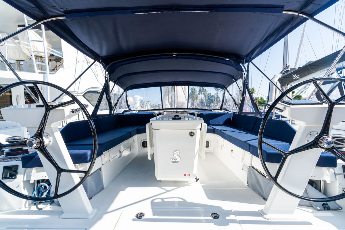 Cockpit of Anfitrite, a Beneteau Oceanis 51.1 sailboat at Trapani, Italy