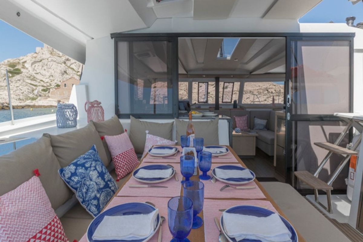 Deck of Orestes, a Fountaine Pajot Astréa 42 catamaran at Municipal Unit of Lefkada, Greece
