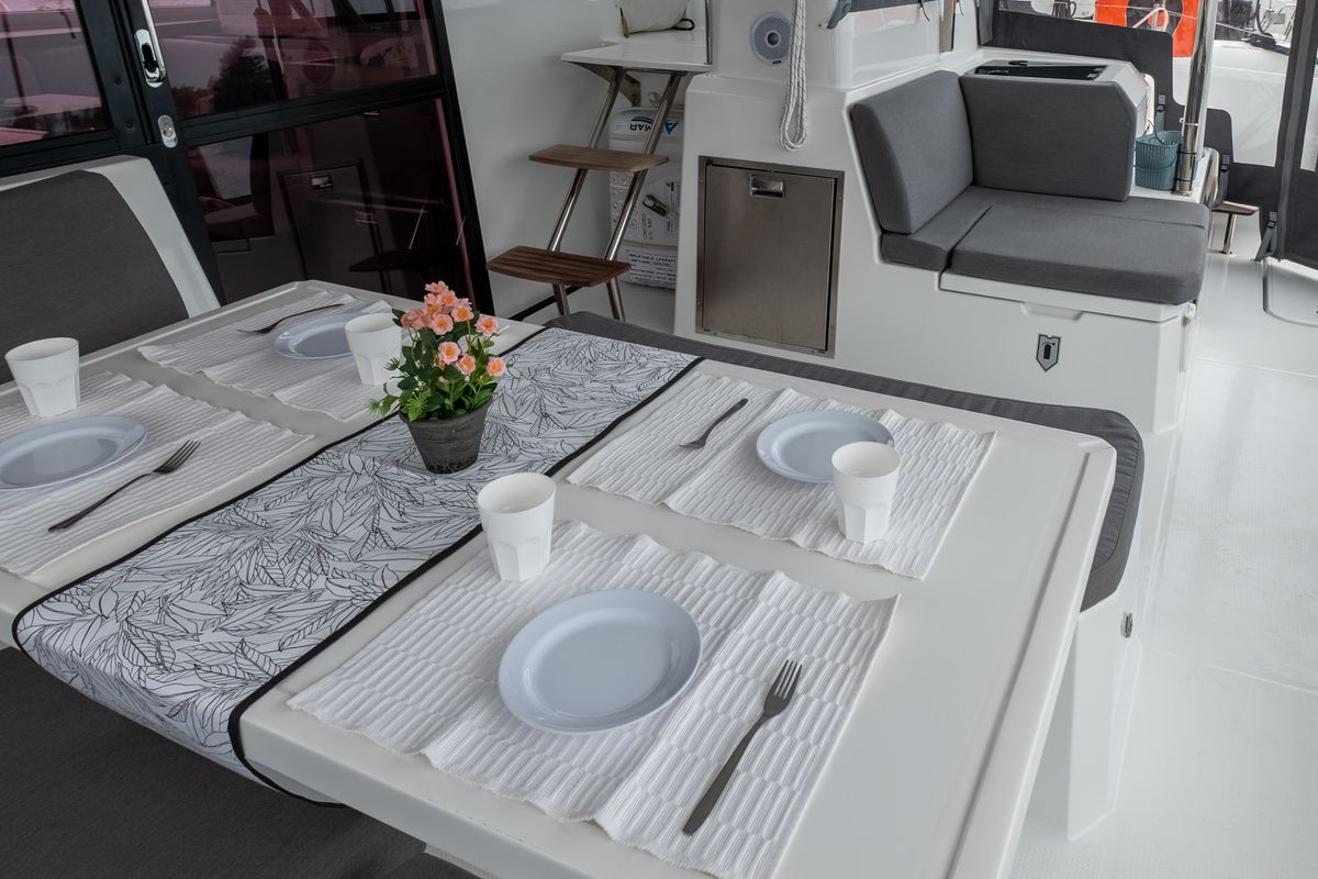 Deck of Orestes, a Fountaine Pajot Astréa 42 catamaran at Municipal Unit of Lefkada, Greece