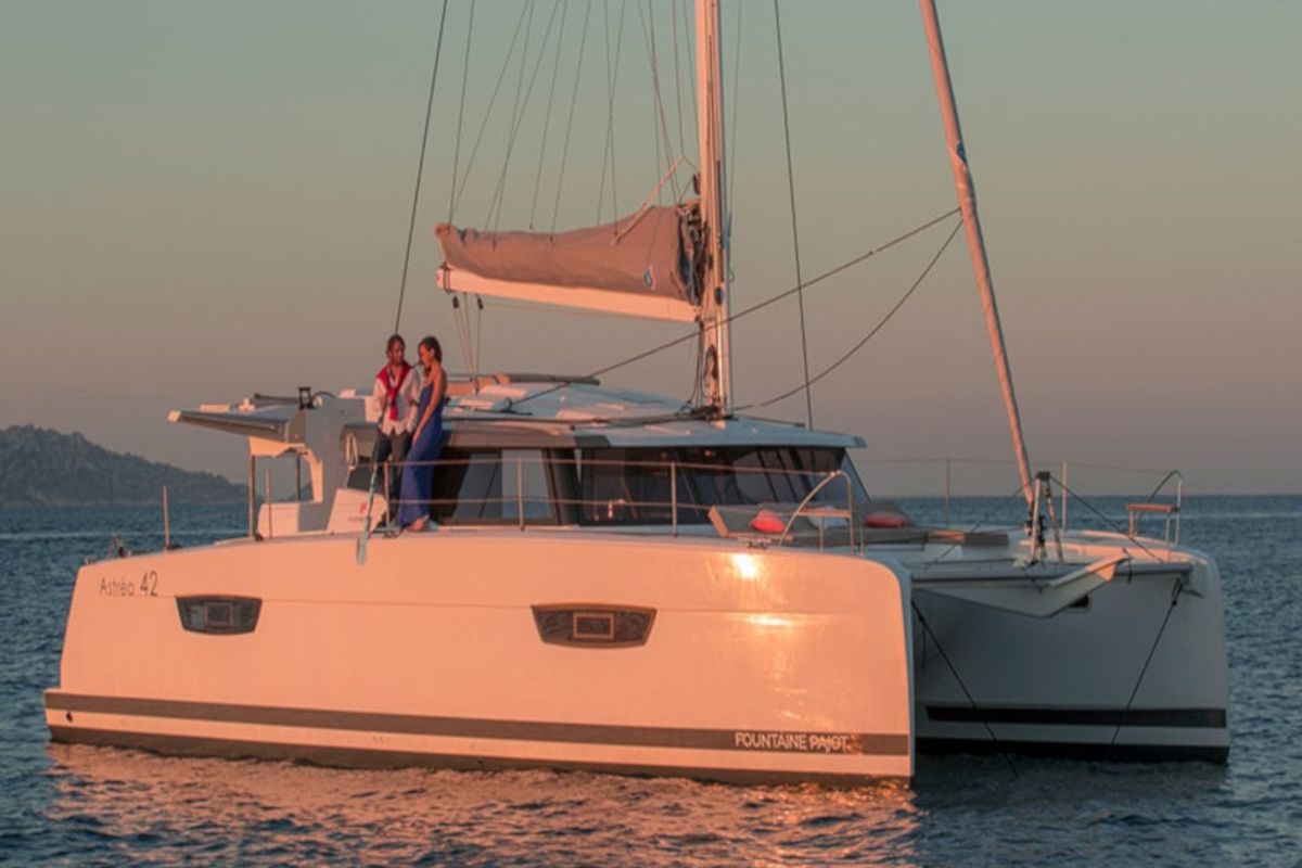 Exterior view of Orestes, a Fountaine Pajot Astréa 42 catamaran at Municipal Unit of Lefkada, Greece