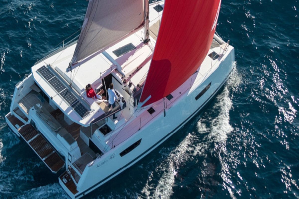 Exterior view of Orestes, a Fountaine Pajot Astréa 42 catamaran at Municipal Unit of Lefkada, Greece