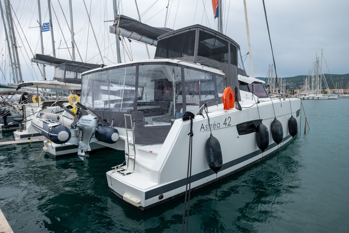 Exterior view of Orestes, a Fountaine Pajot Astréa 42 catamaran at Municipal Unit of Lefkada, Greece